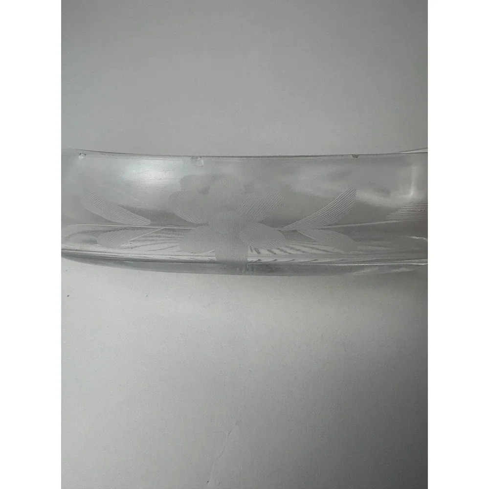 Vintage‎ Clear Etched Star Glass Oval Canoe Boat Dish w Handles Floral Design